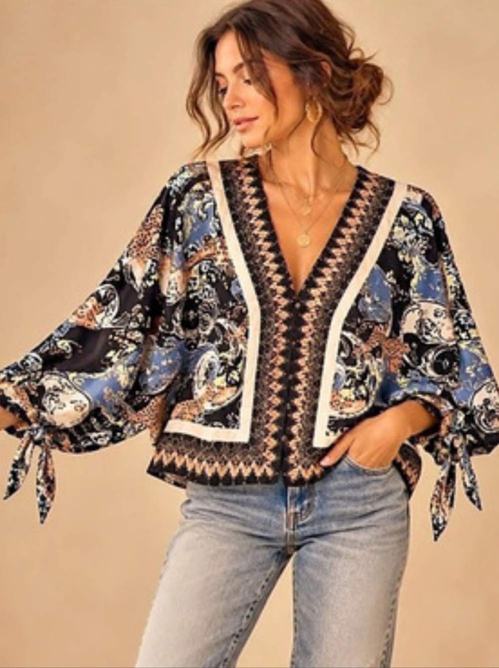 Free People Boho Print Dolman Sleeve Tie Cuff Top Blouse Small EUC